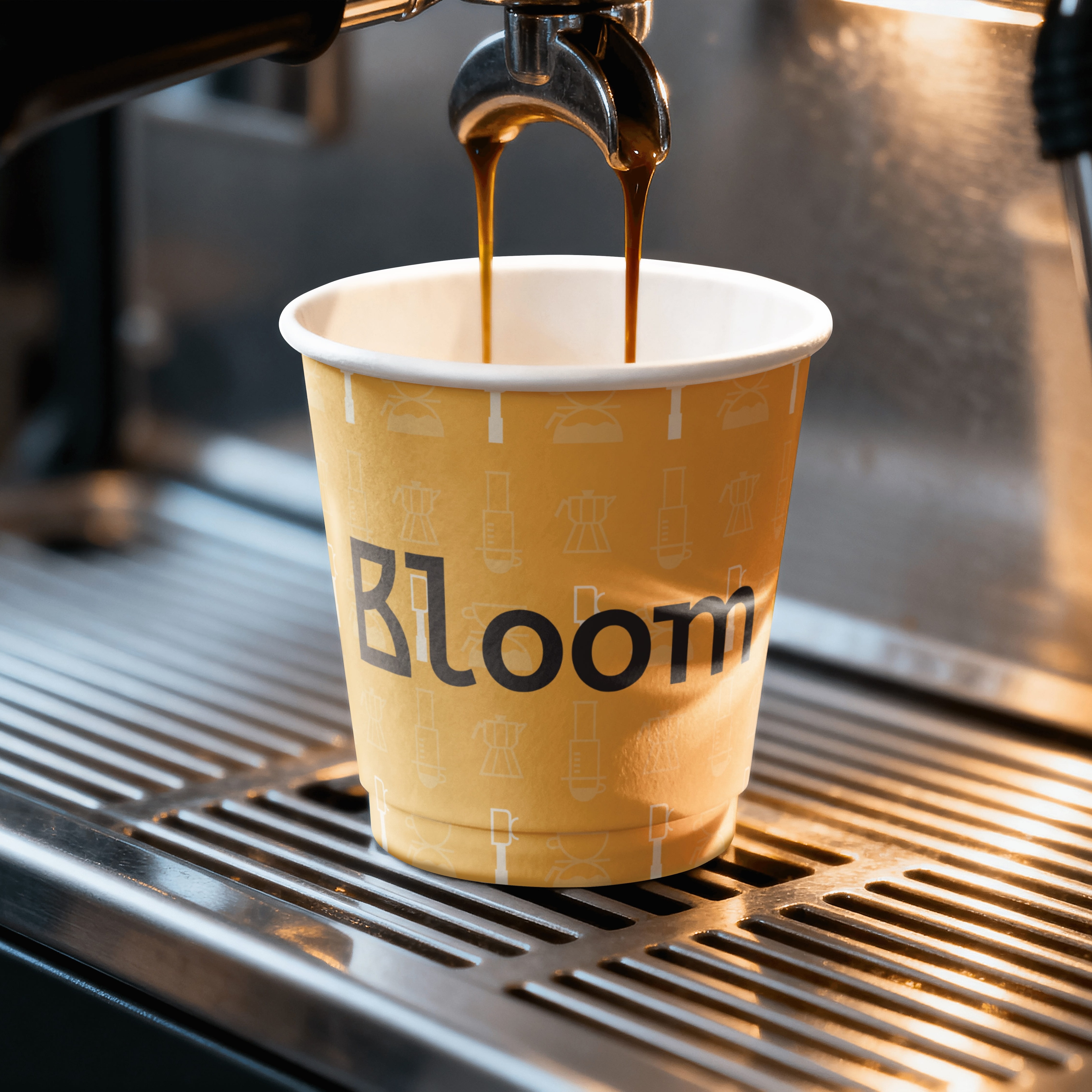 A mockup of an espresso cup featuring the word 'Bloom' on it.